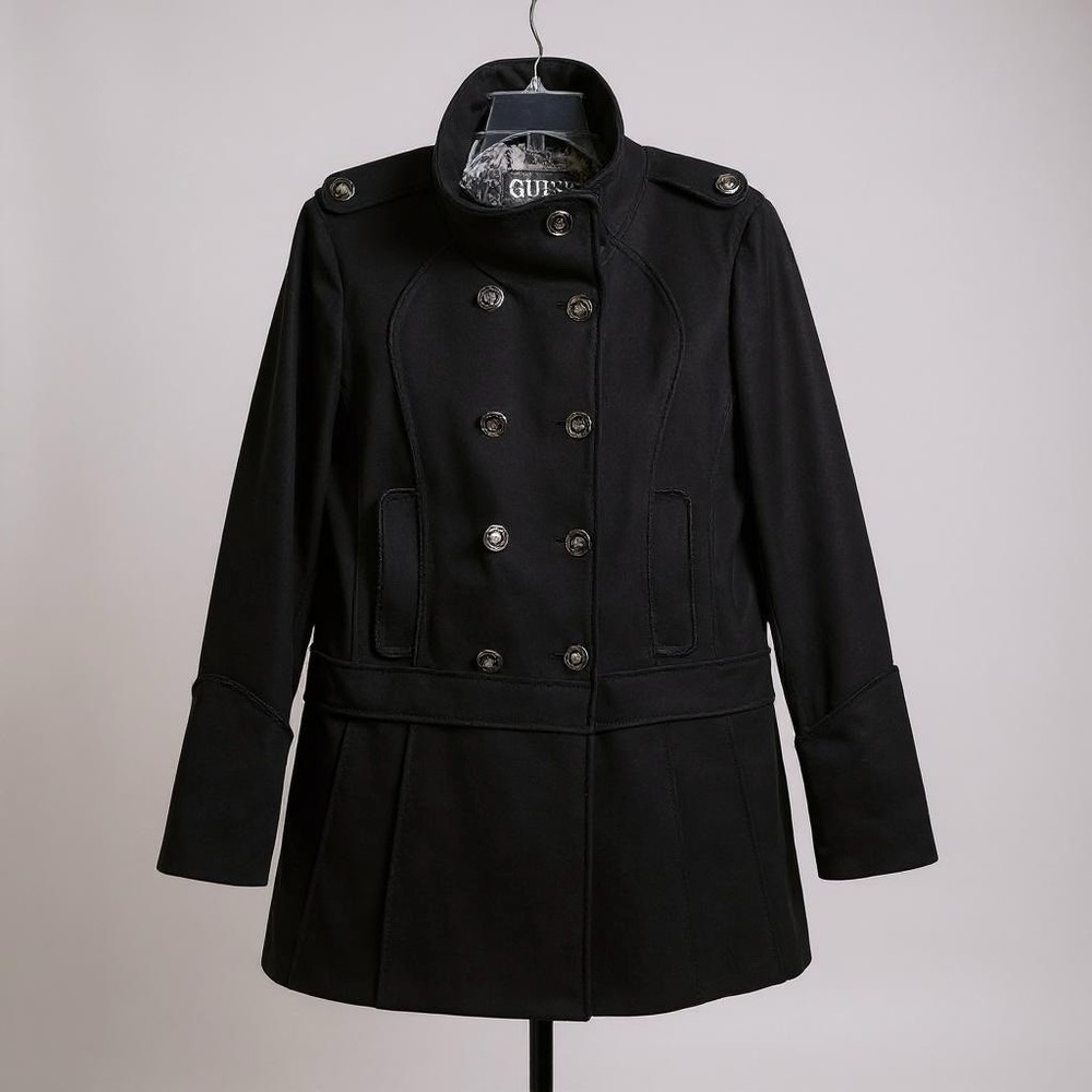 Guess Military Coat Size L Black Double Breasted High Collar Wool Peacoat